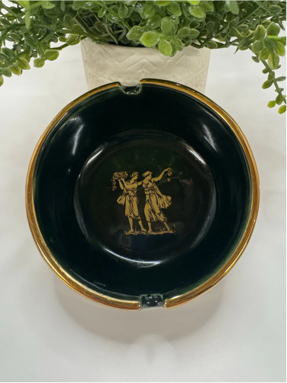 Dakas Keramik 24k Gold Greek Key Ashtray Green and Gold